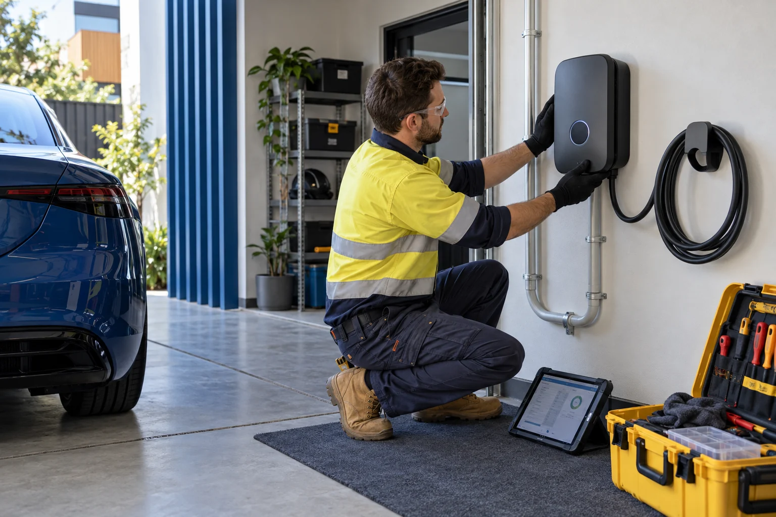 Electrician completing a safe EV charger installation scope in a Melbourne townhouse garage